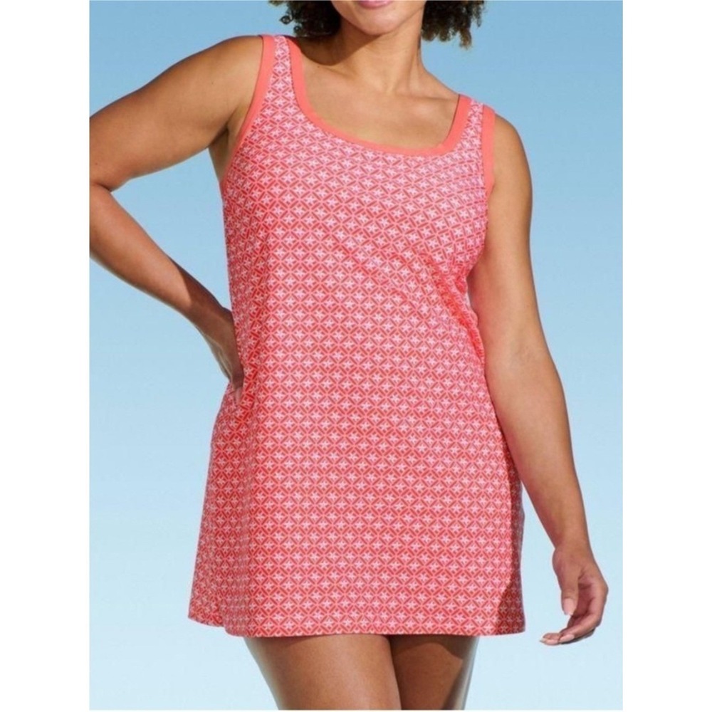 Lands' End Coral and White Tank Swim Dress, Size S (6-8), NWT